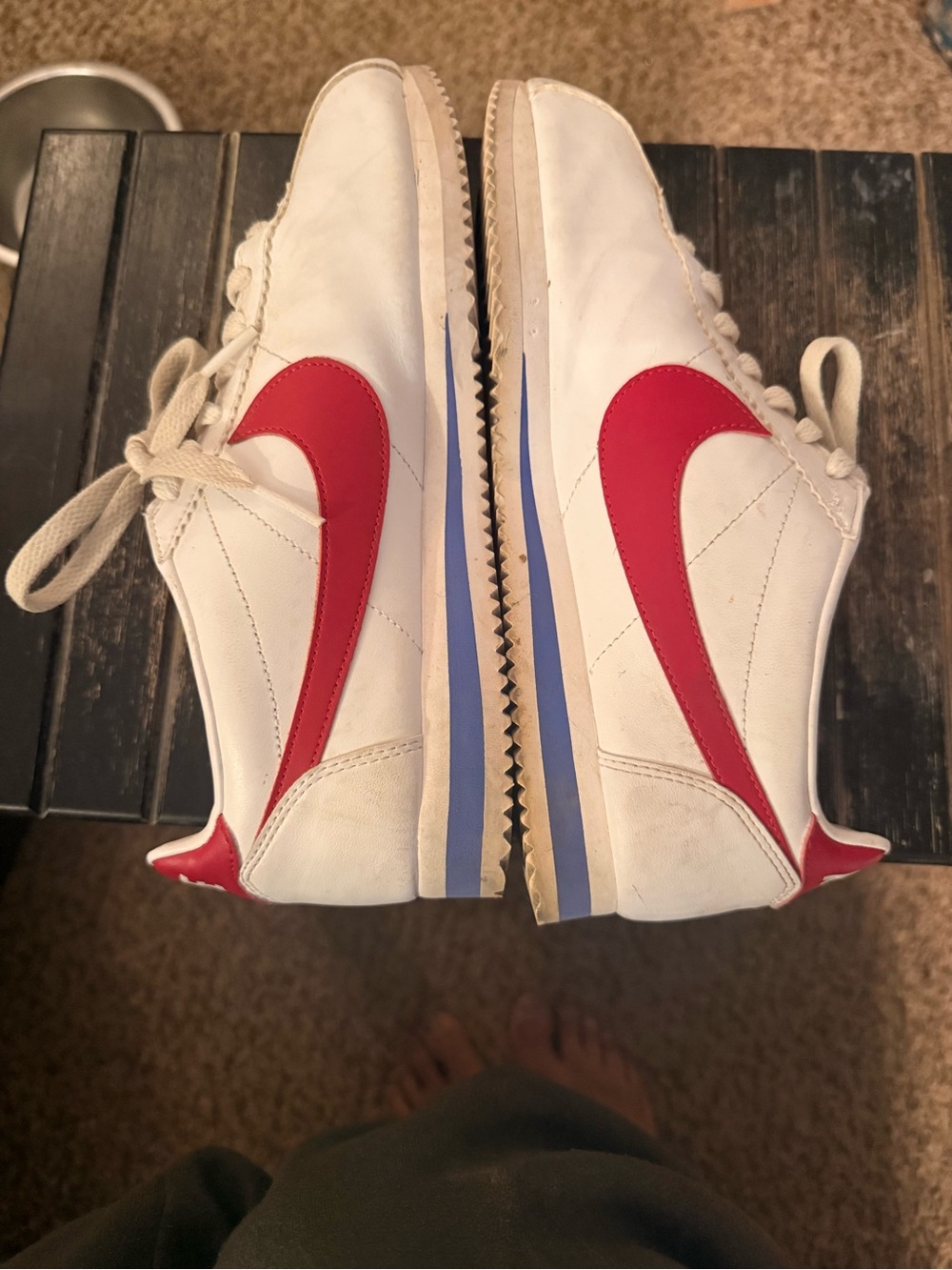 Nike White Sneakers with Red Swoosh and Blue Stripe